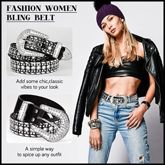 Rhinestone Studded Western Leather Belt for Jeans and Pants